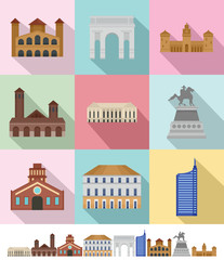 Milan Italy city skyline icons set. Flat illustration of 9 Milan Italy city skyline vector icons for web