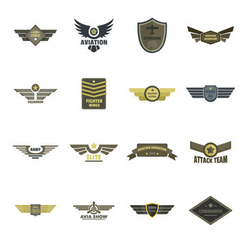 Airforce navy military logo icons set. Flat illustration of 16 airforce navy military logo vector icons for web