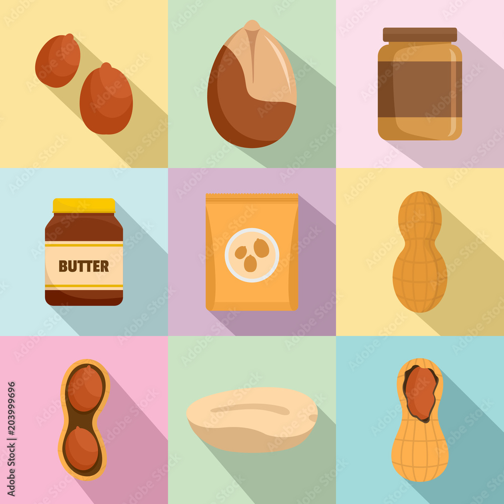 Poster peanut nuts butter jar icons set. flat illustration of 9 peanut nuts butter jar vector icons for web