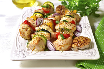 Grilled chicken kebab and vegetables.