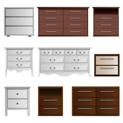 Nightstand bedside table mockup set. Realistic illustration of 9 nightstand bedside table mockups for web