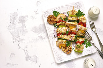 Grilled chicken kebab and vegetables.