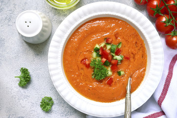 Tomato soup gazpacho or salmorejo.Top view .