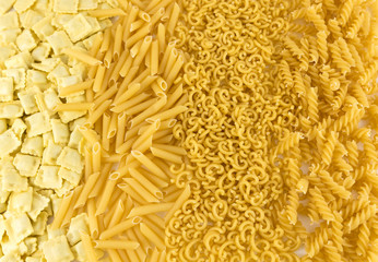 variety of raw pasta: curls, fideuá, macaroni and pasta stuffed with meat