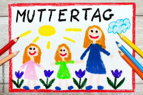 Colorful drawing - German Mother's Day card with words: Mother's day