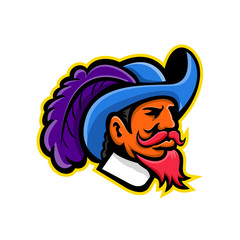 Mascot icon illustration of head of a musketeer or cavalier wearing a cavalier hat that  is wide-brimmed and trimmed with an ostrich plume viewed from side on isolated background in retro style. - obrazy, fototapety, plakaty