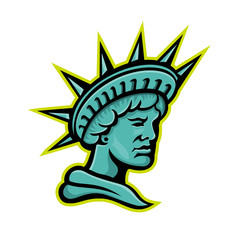 Mascot icon illustration of head of Libertas or Lady Liberty, the Roman goddess and embodiment of liberty wearing a crown viewed from side on isolated background in retro style.