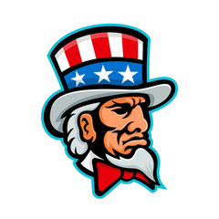 Mascot icon illustration of head of Uncle Sam, a popular symbol of the US government in American culture and patriotism, wearing a top hat with USA flag viewed from side done in retro style. - obrazy, fototapety, plakaty