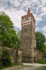 Fototapeta na wymiar Medieval fortification with the city gate in Paczków in Poland.