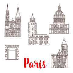 Naklejka premium Paris travel landmarks vector buildings line icons