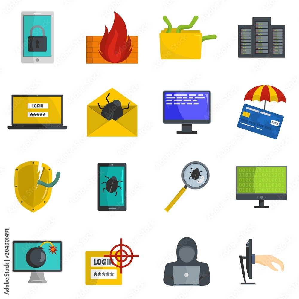 Aufkleber cyber attack computer virus icons set. flat illustration of 16 cyber attack computer virus vector ic