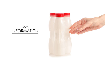 White plastic bottle with yoghurt kefir milk in hand pattern
