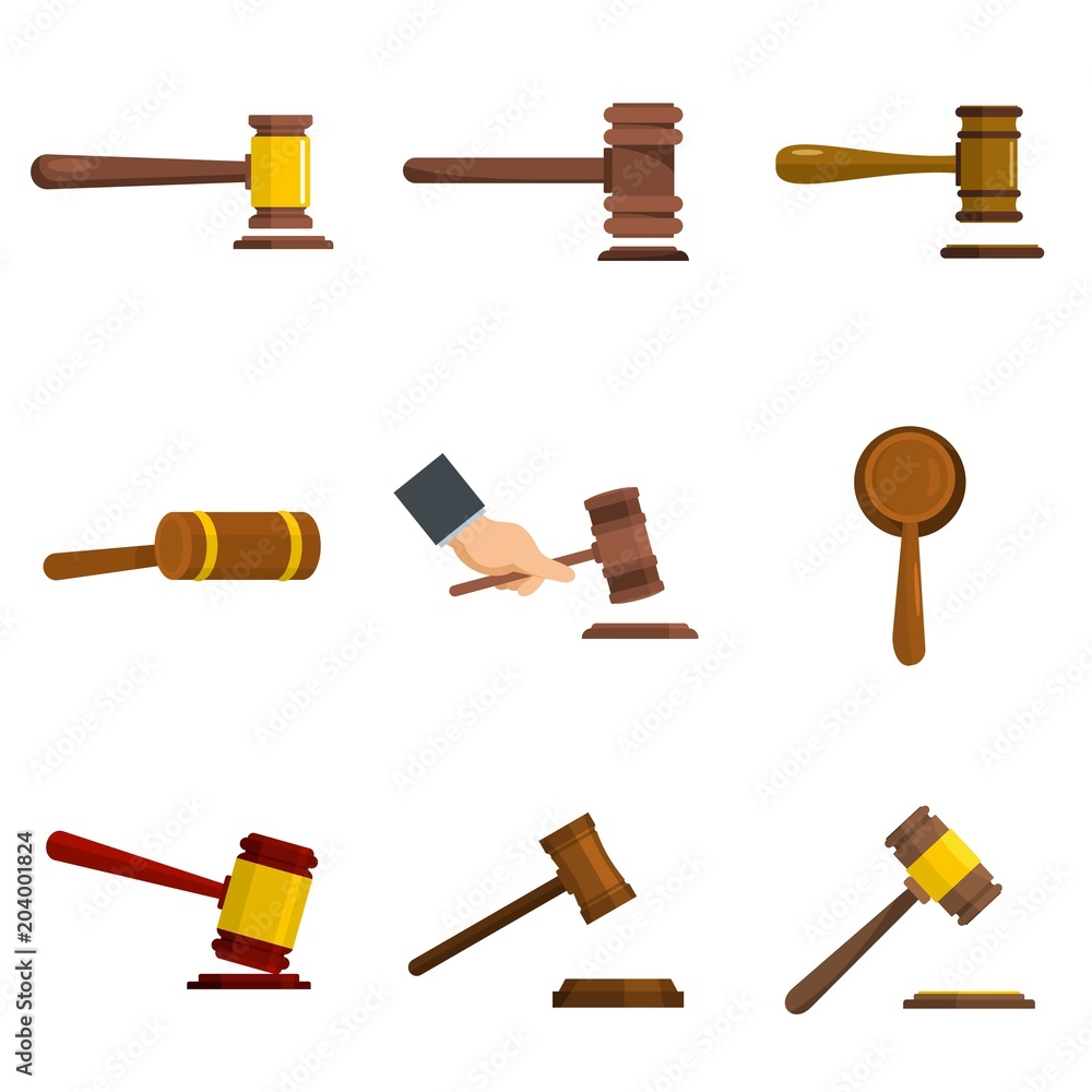 Poster judge hammer icons set. flat illustration of 9 judge hammer vector icons isolated on white