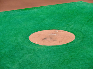 Pitcher’s mound of a baseball diamond awaiting pitcher