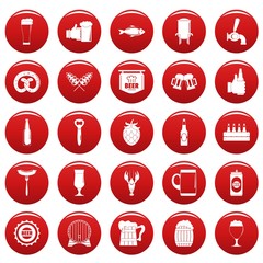 Beer icons set. Simple illustration of 25 beer vector icons red isolated