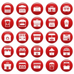 Street food kiosk icons set. Simple illustration of 25 street food kiosk vector icons red isolated