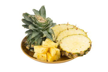 Fototapeta na wymiar pineapple on dish slice isolated on white background