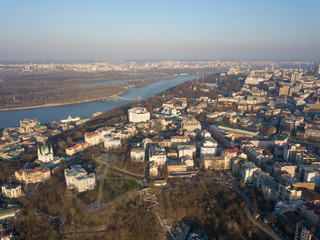 Aerial view of Saint Andrew church. The old town of Kiev, the Podile district