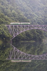Fototapeta premium Tadami railway line and Tadami River in summer season at Fukushima prefecture.