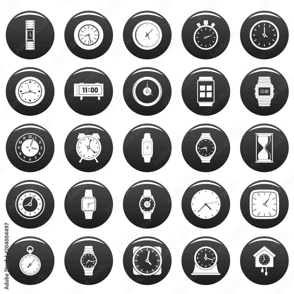 Poster time and clock icons set. simple illustration of 25 time clock vector icons black isolated