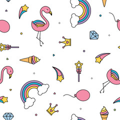 Flamingo, rainbows and stars seamless pattern white background