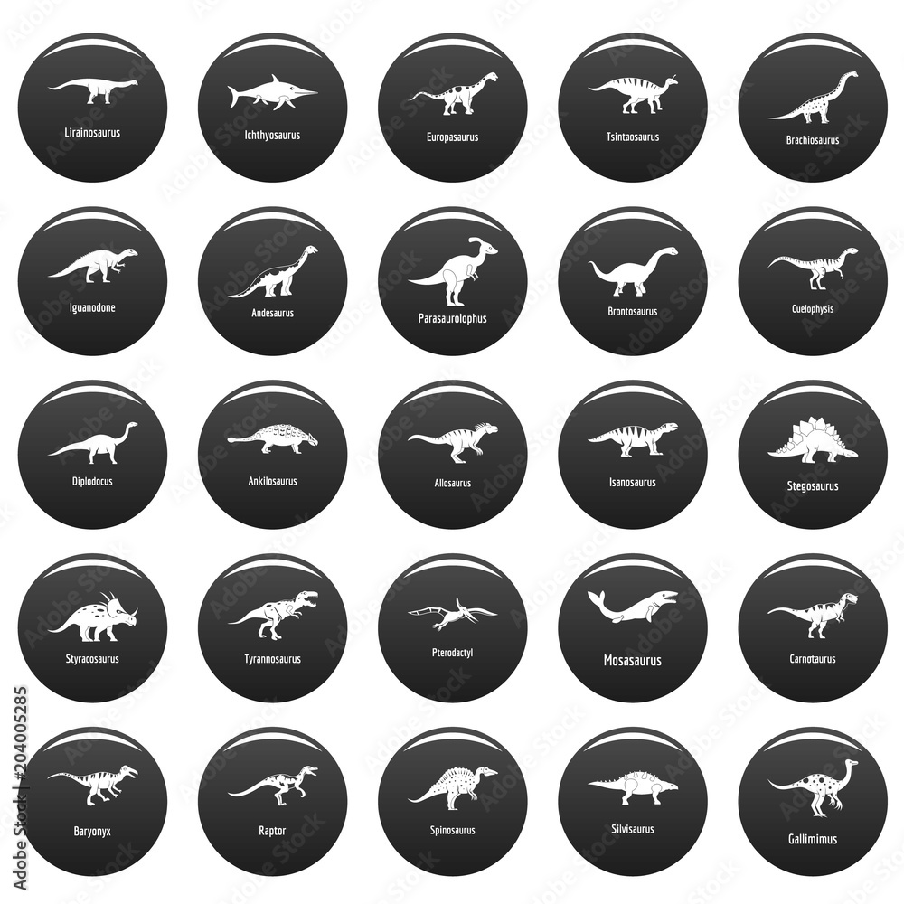 Poster Dinosaur types signed name icons set. Simple illustration of 25 dinosaur types signed name vector icons black isolated