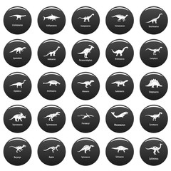 Dinosaur types signed name icons set. Simple illustration of 25 dinosaur types signed name vector icons black isolated