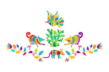 Vector folk Mexican Otomi Style embroidery Pattern set. Folk embroidery ornament elements.