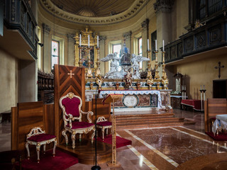 Main altar and armchair of the priest of Santa Maria in Porto in Ravenna, Italy.