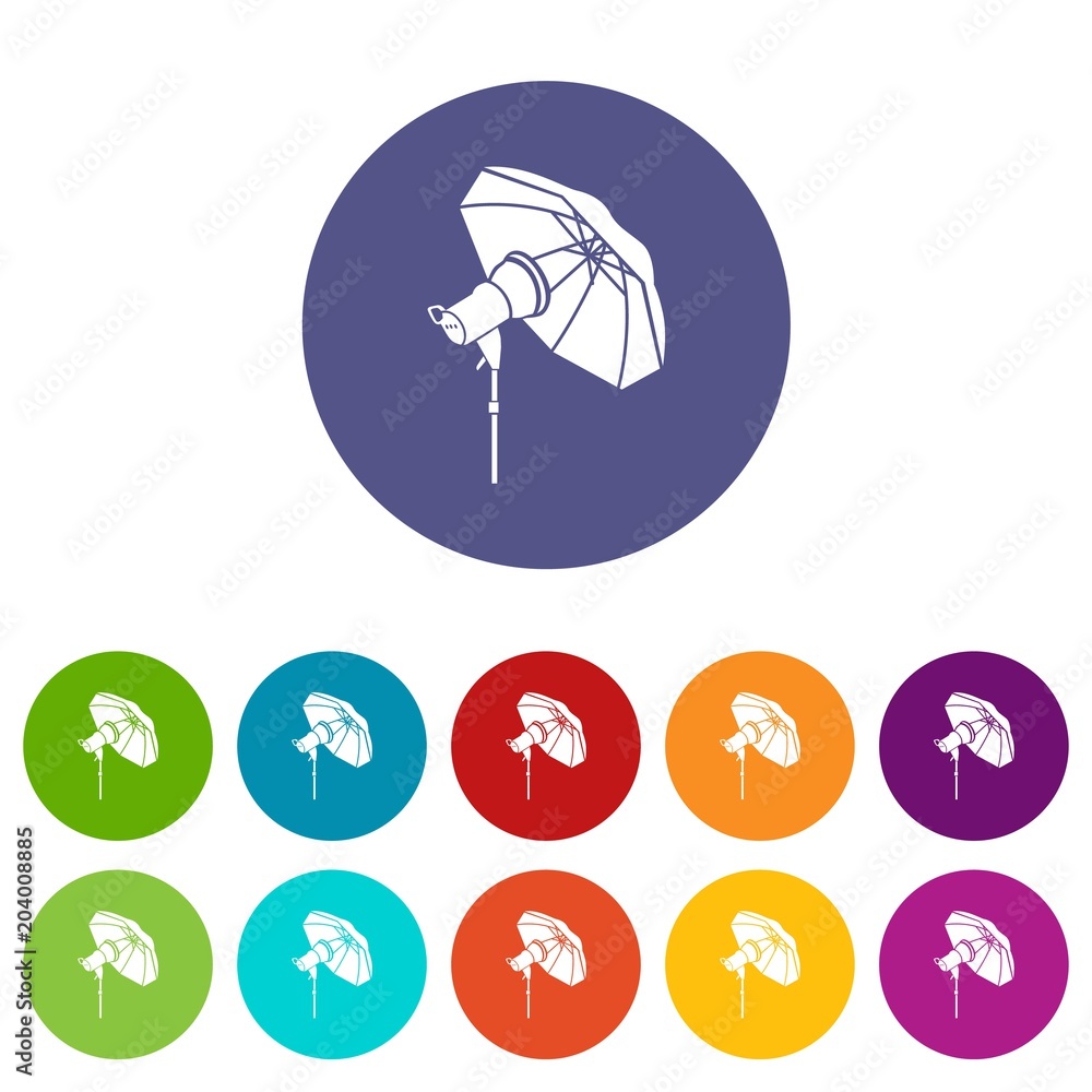 Poster studio flash with umbrella icon in simple style