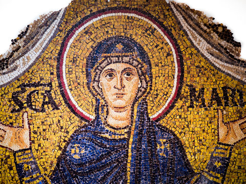 Byzantine mosaic on a gold background representing the Virgin Mary.
