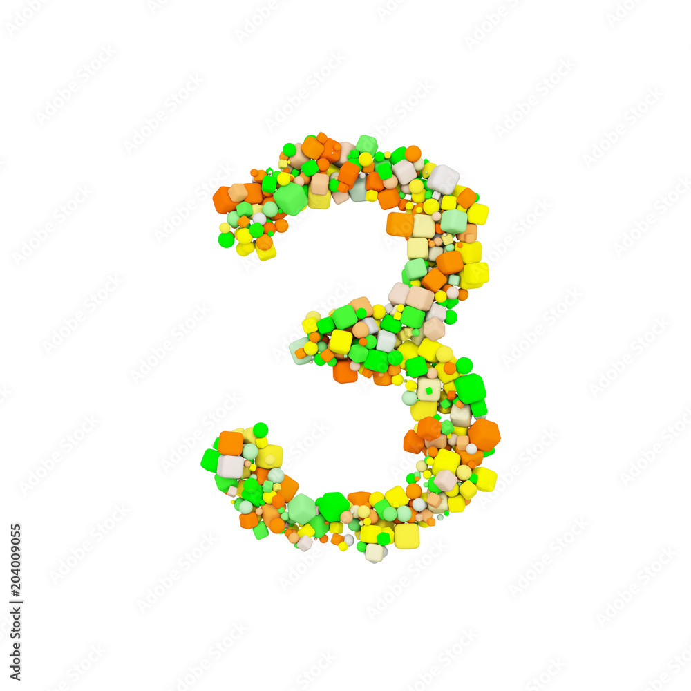 Fototapete Alphabet number 3. Funny font made of orange, green and yellow shape cube. 3D render isolated on white background.