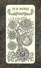 Six of pentacles. Minor Arcana tarot card. The Magic Gate deck. Fantasy engraved illustration with occult mysterious symbols and esoteric concept, vintage background