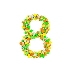Alphabet number 8. Funny font made of orange, green and yellow shape cube. 3D render isolated on white background.