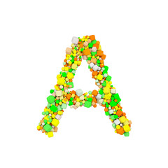 Alphabet letter A uppercase. Funny font made of orange, green and yellow shape cube. 3D render isolated on white background.