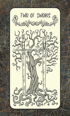 Two of swords. Minor Arcana tarot card. The Magic Gate deck. Fantasy engraved illustration with occult mysterious symbols and esoteric concept, vintage background