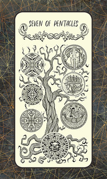 Seven of pentacles. Minor Arcana tarot card. The Magic Gate deck. Fantasy engraved illustration with occult mysterious symbols and esoteric concept, vintage background
