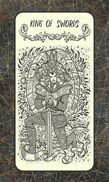 King of swords. Minor Arcana tarot card. The Magic Gate deck. Fantasy engraved illustration with occult mysterious symbols and esoteric concept, vintage background