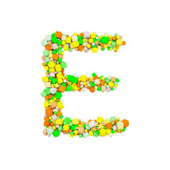 Alphabet letter E uppercase. Funny font made of orange, green and yellow shape cube. 3D render isolated on white background.