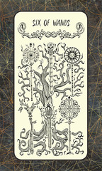 Six of wands. Minor Arcana tarot card. The Magic Gate deck. Fantasy engraved illustration with occult mysterious symbols and esoteric concept, vintage background