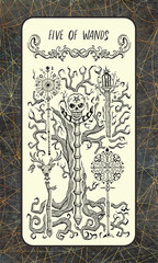 Five of wands. Minor Arcana tarot card. The Magic Gate deck. Fantasy engraved illustration with occult mysterious symbols and esoteric concept, vintage background