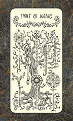 Eight of wands. Minor Arcana tarot card. The Magic Gate deck. Fantasy engraved illustration with occult mysterious symbols and esoteric concept, vintage background