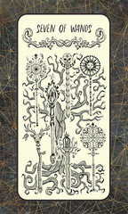 Seven of wands. Minor Arcana tarot card. The Magic Gate deck. Fantasy engraved illustration with occult mysterious symbols and esoteric concept, vintage background 