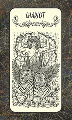 Chariot. Major Arcana tarot card. The Magic Gate deck. Fantasy engraved illustration with occult mysterious symbols and esoteric concept, vintage background