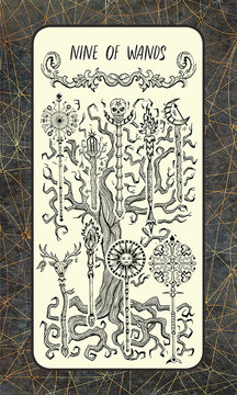 Nine of wands. Minor Arcana tarot card. The Magic Gate deck. Fantasy engraved illustration with occult mysterious symbols and esoteric concept, vintage background
