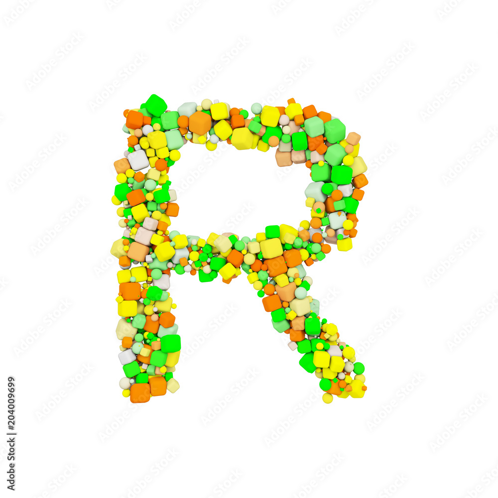 Fototapete alphabet letter r uppercase. funny font made of orange, green and yellow shape cube. 3d render isola