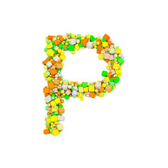 Alphabet letter P uppercase. Funny font made of orange, green and yellow shape cube. 3D render isolated on white background.