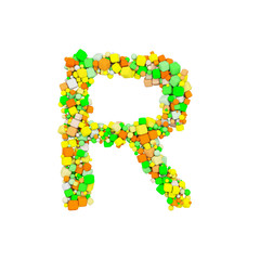Alphabet letter R uppercase. Funny font made of orange, green and yellow shape cube. 3D render isolated on white background.