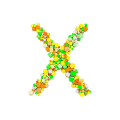 Alphabet letter X uppercase. Funny font made of orange, green and yellow shape cube. 3D render isolated on white background.