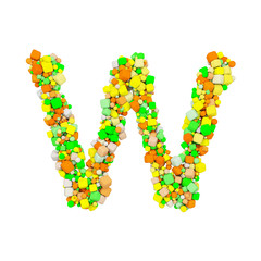 Alphabet letter W uppercase. Funny font made of orange, green and yellow shape cube. 3D render isolated on white background.